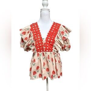 NWT Entro Puff Sleeve Floral Ruffle Blouse